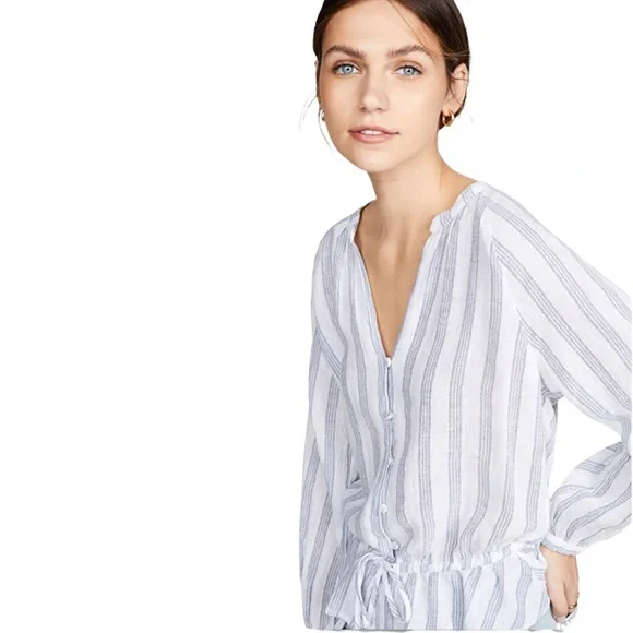 Rails Marti Cayman White/Blue Stripe Long Peasant Sleeve Linen Button Front Top - Picture 4 of 11